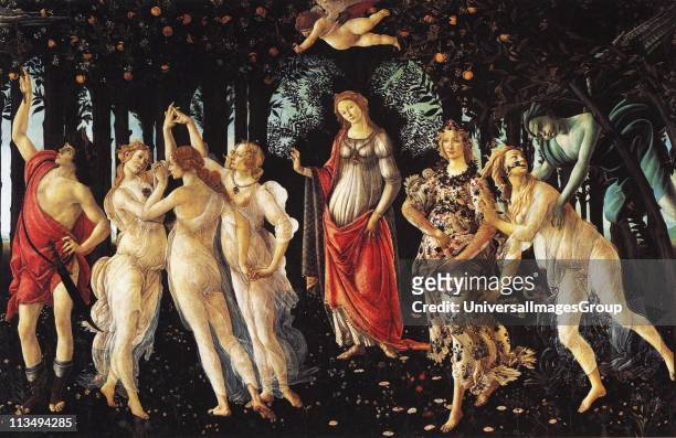 La Primavera', c. 1482: painting by the Italian Renaissance painter Sandro Botticelli c. 1445 Venus is standing in the center of the picture. Above...