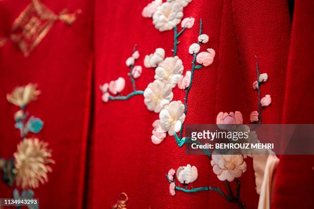 This picture taken on March 2, 2019 shows detail of a kimono that was worn by Japanese princess Nobuko, eighth daughter of late Emperor Meiji, at the...