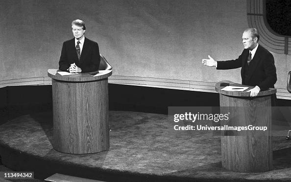 James 'Jimmy' Carter and Gerald Ford taking part in the first televised debate between candidates for the post of President of the United States during the 1976 election. Carter became 39th President. American Democrat Politician