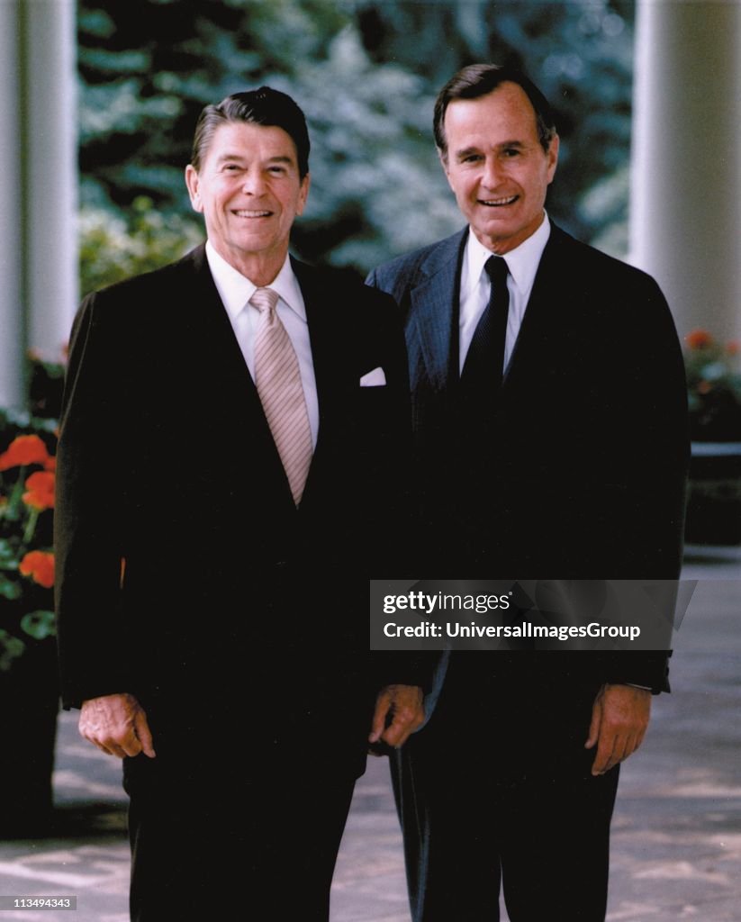 Ronald Wilson Reagan (1911-2004) 40th President of the United States 1981-1989, with his Vice-President and successor George Herbert Bush (born 1924) President of the United States 1989-1993. American Politician Republican.