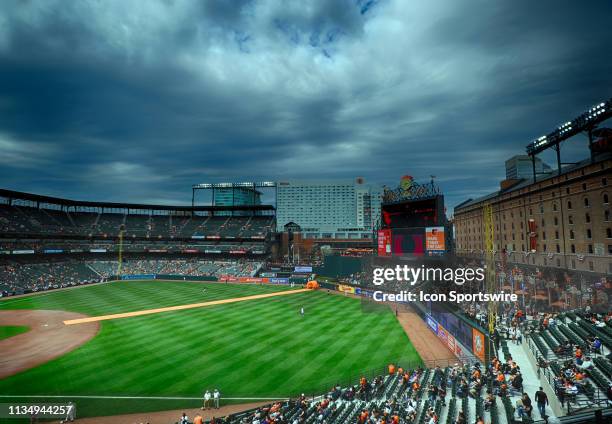 General view of Orioles Park at Camden Yards in Baltimore, MD. In a 20 frame composite image during the opening day ceremonies prior to the game...