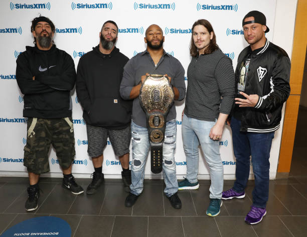 Wrestlers Jay Briscoe, Mark Briscoe, Jay Lethal, Dalton Castle and Matt Taven visits the SiriusXM Studios on April 4, 2019 in New York City.