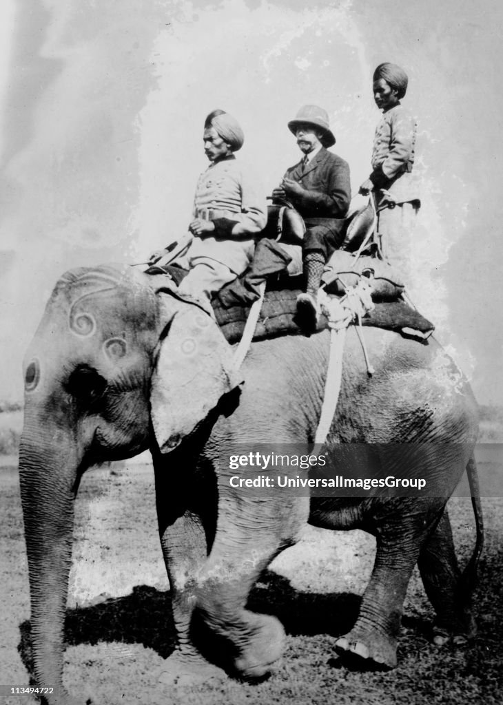 George V (1865-1936) King of Great Britain from 1936. riding on an elephant on a hunting trip in Nepal, December 1911, while in India to be installed as King-Emperor of India.