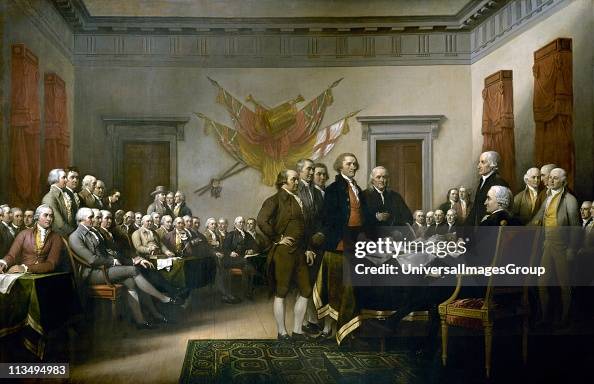 John Trumbull's painting, Declaration of Independence, depicting the five-man drafting committee of the Declaration of Independence presenting their work to the Congress. The painting can be found on the back of the U.S. $2 bill. The original hangs in the...