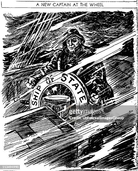 Cartoon depicting US president Franklin Roosevelt steering the 'ship of state' through the rough seas of the economic depression in the mide 1930's.