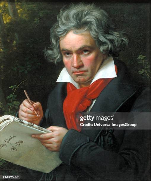 German composer Ludwig van Beethoven composing the 'Missa Solemnis', February-April 1820. Oil painting by August Klober.