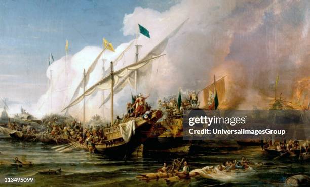 Barbarossa Hayreddin Pasha defeats the Holy League of Charles V under the command of Andrea Doria at the Battle of Preveza Painting from a later...