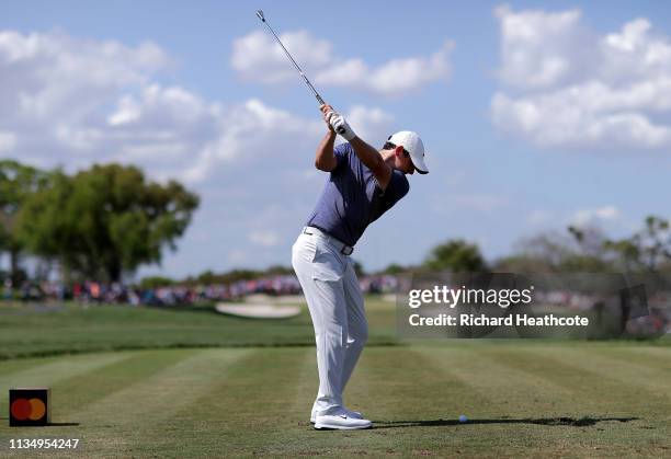 Rory McIlory of Northern Ireland plays his shot from the seventh tee during the final round of the Arnold Palmer Invitational Presented by Mastercard...