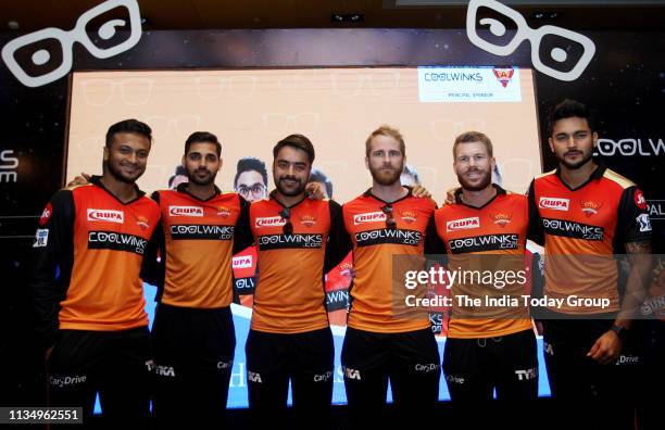 Sunrisers Hyderabad team players, Shakib Al Hasan, Kane Williamson, Bhuvaneshwar Kumar, Manish Pandey, Rashid Khan and David Warner posing during a...