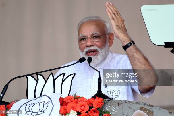 Indian Prime Minister Narendra Modi speaks at the public rally at Brigade ground on April 3, 2019 in Kolkata, India. Around 900 million people will...