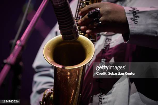 Kamasi Washington, saxophone detail, performs at Verti Music Hall on March 10, 2019 in Berlin, Germany.