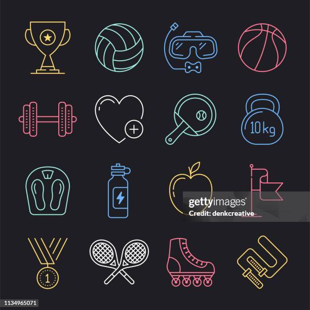 gymnastics training program neon style vector icon set - country club stock illustrations