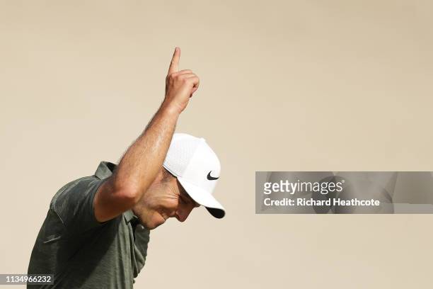Francesco Molinari of Italy celebrates making a putt for birdie on the 18th hole during the final round of the Arnold Palmer Invitational Presented...