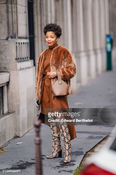 Guest wears earrings, a rust color hi-neck dress with a sliding buckle, a lustrous brown fluffy faux fur jacket, a brown bucket bag, brown python...
