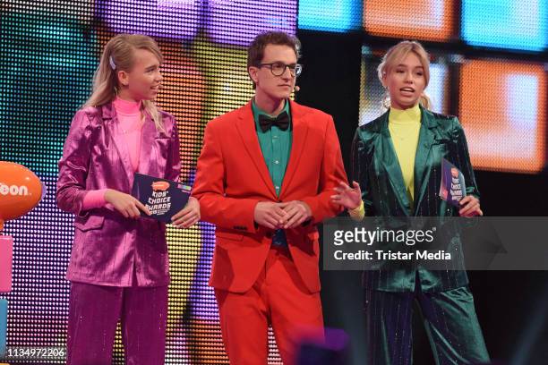 Lisa Mantler, Lena Mantler and Sascha Quade are seen on stage at the Nickelodeon Kids Choice Awards on April 4, 2019 in Rust, Germany.