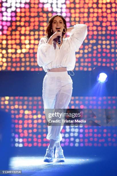 Lena Meyer-Landrut performs the Nickelodeon Kids Choice Awards on April 4, 2019 in Rust, Germany.