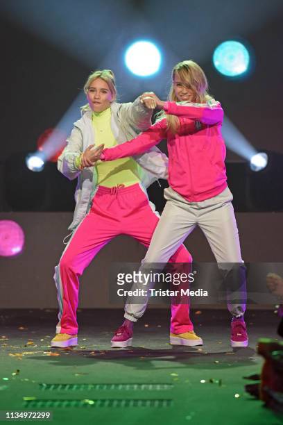 Lisa Mantler and Lena Mantler are seen on stage at the Nickelodeon Kids Choice Awards on April 4, 2019 in Rust, Germany.