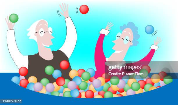 old couple playing in a ball pool - ball pit stock illustrations