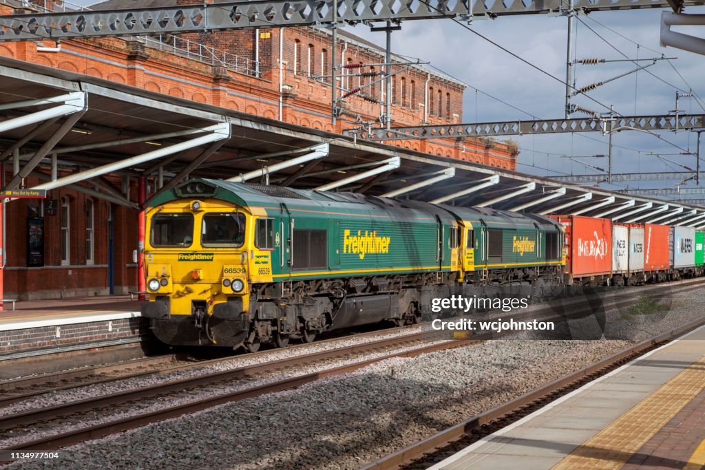 Two class 66 diesel electric freight locomotives by Freightliner