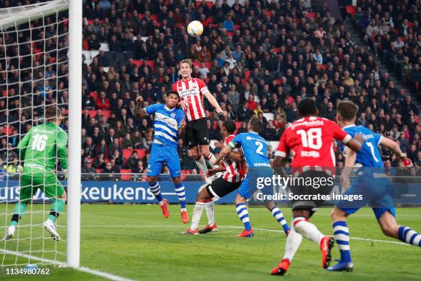 Mickey van der Hart of PEC Zwolle, Darryl Lachman of PEC Zwolle, Luuk de Jong of PSV scores his goal to make it 3-0 during the Dutch Eredivisie match...