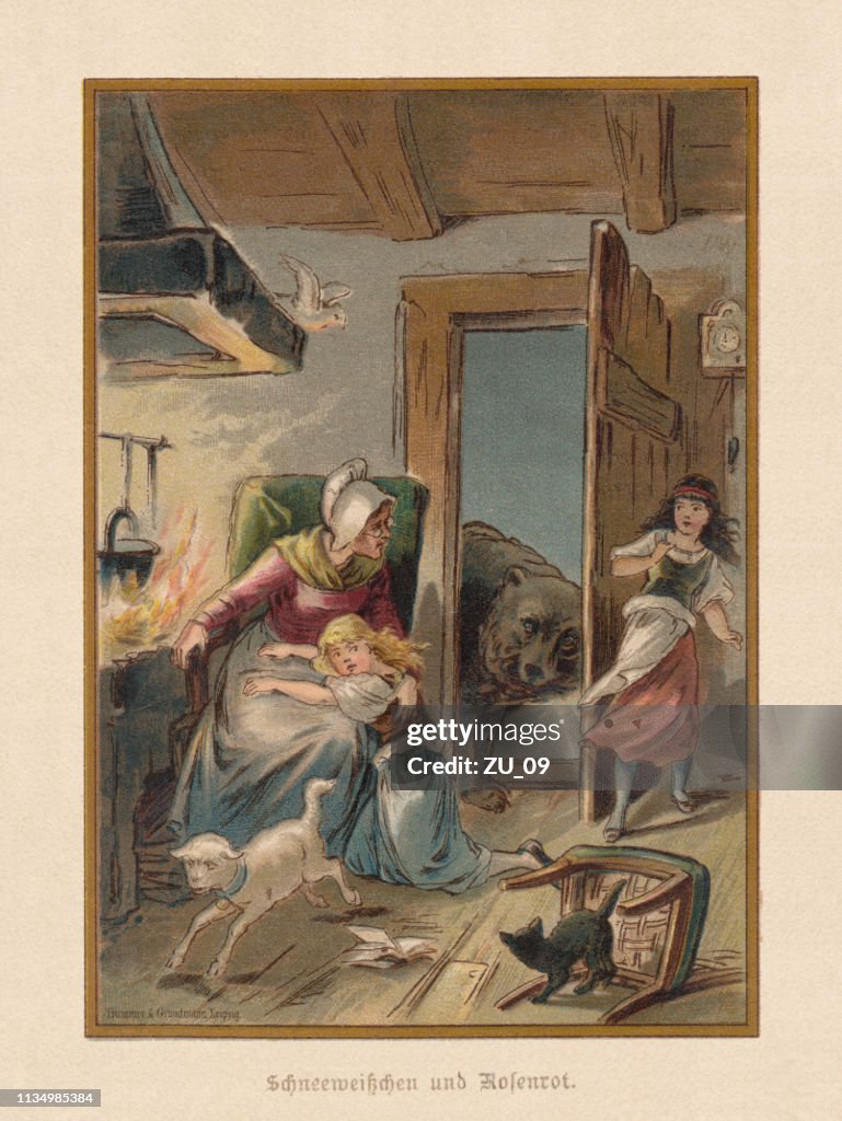 Snövit och rosa-röd (Schneeweißchen und Rosenrot), bröderna Grimm, kromolithograph, 1898