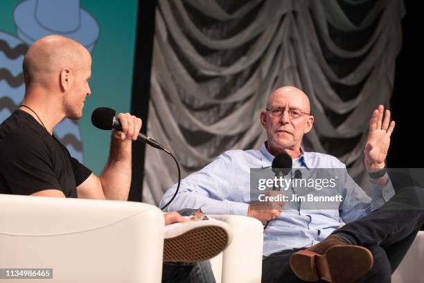 Author and investor Tim Ferriss interviews author and professor Michael Pollan live on stage during the 2019 SXSW Conference and Festival at the...