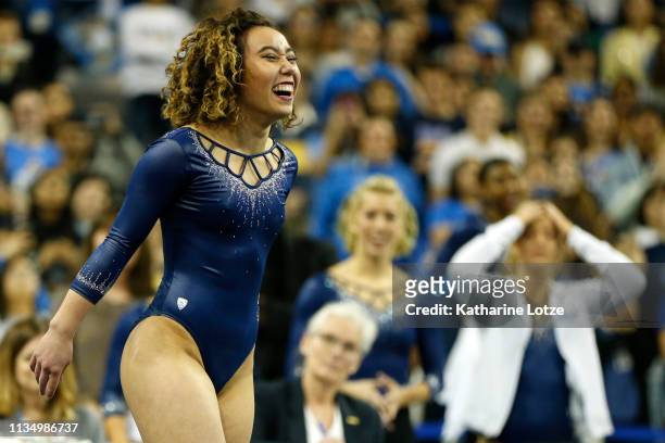 Katelyn Ohashi of UCLA competes in the floor exercise during a meet against Stanford at Pauley Pavilion on March 10, 2019 in Los Angeles, California.