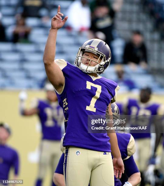 Younghoe Koo of Atlanta Legends celebrates his game-winning field goal with 9 seconds left in the game against the Memphis Express during the second...