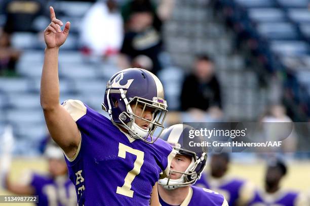 Younghoe Koo of Atlanta Legends celebrates his game-winning field goal with 9 seconds left in the game against the Memphis Express during the second...