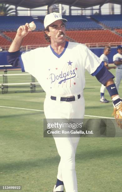 Tom Selleck during 1992 Hollywood All-Stars Baseball Game at Dodgers Stadium in Los Angeles, California, United States.