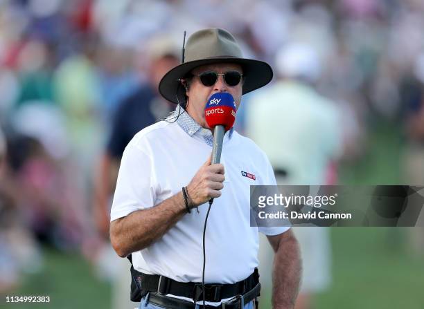 Wayne Riley of Australia working as an on-course announcer for Sky Television during the final round of the 2019 Arnold Palmer Invitational at the...