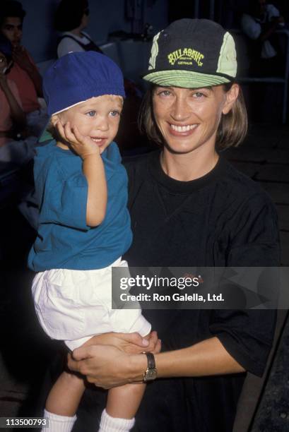 Oliver Bernsen and Amanda Pays during Hollywood All-Star Game at Dodger Stadium in Los Angeles, California, United States.