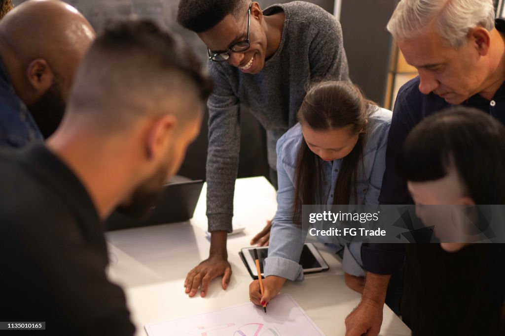 Medewerkers die een constructieve vergadering in het Bureau hebben