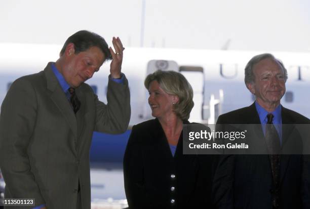 Al Gore, Tipper Gore and Joe Lieberman during Press Conference Given by Al Gore & Joe Lieberman at Burbank Airport in Burbank, California, United...