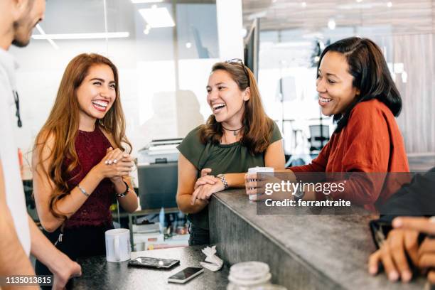 coffee break in coworking office - coffee break at work stock pictures, royalty-free photos & images
