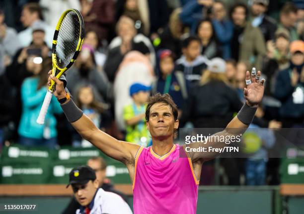 Rafael Nadal of Spain celebrates after beating Jared Donaldson of the United States in the second round of the BNP Paribas Masters on March 10, 2019...