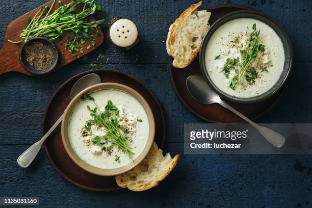 creamy caulflower and broccoli with feta soup - soup stock pictures, royalty-free photos & images