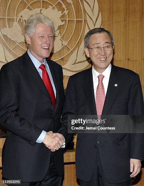 Former U.S. President William Jefferson Clinton meets with UN Secetary General Ban-KI Moon at the United Nations in New York City on April 12, 2007