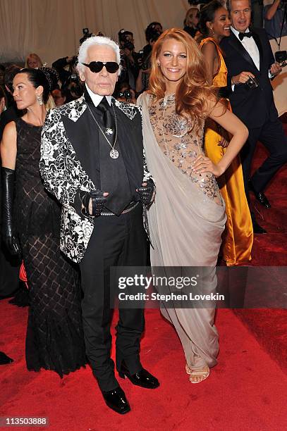 Designer Karl Lagerfeld and actress Blake Lively attend the "Alexander McQueen: Savage Beauty" Costume Institute Gala at The Metropolitan Museum of...