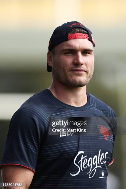 Angus Crichton looks on during a Sydney Roosters NRL training session at Kippax Lake Oval on March 11, 2019 in Sydney, Australia.