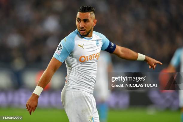 Marseille's French forward Dimitri Payet gestures during the French Ligue 1 football match between FC Girondins de Bordeaux and Olympique de...