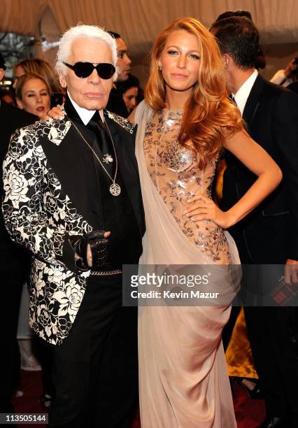 Karl Lagerfeld and Blake Lively attends the "Alexander McQueen: Savage Beauty" Costume Institute Gala at The Metropolitan Museum of Art on May 2,...