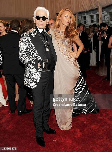 Designer Karl Lagerfeld and actress Blake Lively attend the "Alexander McQueen: Savage Beauty" Costume Institute Gala at The Metropolitan Museum of...