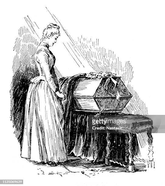 mourning woman - open coffin stock illustrations