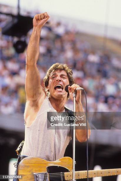 American singer-songwriter Bruce Springsteen performing in Milan, Italy, 1985.