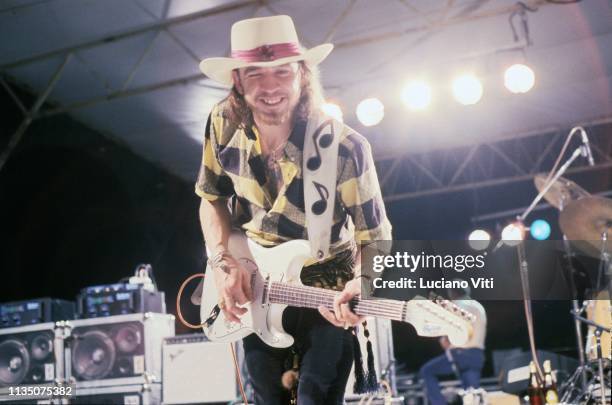 American guitarist and singer-songwriter Stevie Ray Vaughan performing, Italy, 1985.