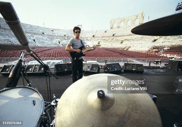 Guitarist and singer-songwriter Lou Reed on stage before a concert, Arena di Verona, Italy, 1982.