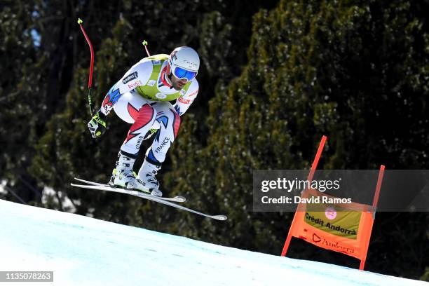 Adrian Theaux of France in action during Men's Downhill training on day one of the 2019 Alpine Skiing World Cup Finals on March 11, 2019 in Andorra...