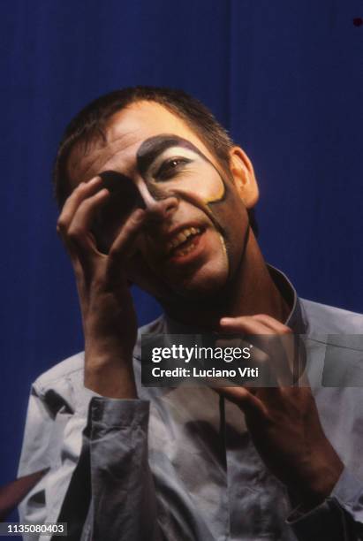 Musician and singer-songwriter Peter Gabriel wearing a monkey make-up for the song 'Shock the Monkey', Rome, Italy, 1982.