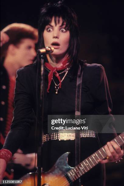 American singer-songwriter and guitarist Joan Jett performing in Rome, Italy, 1984.